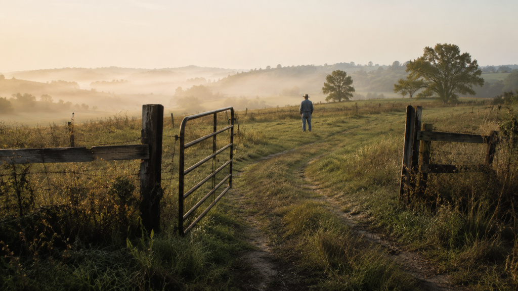 An older farmer stands beyond an open gate, looking across rolling fields and wooded hills in the early morning mist.