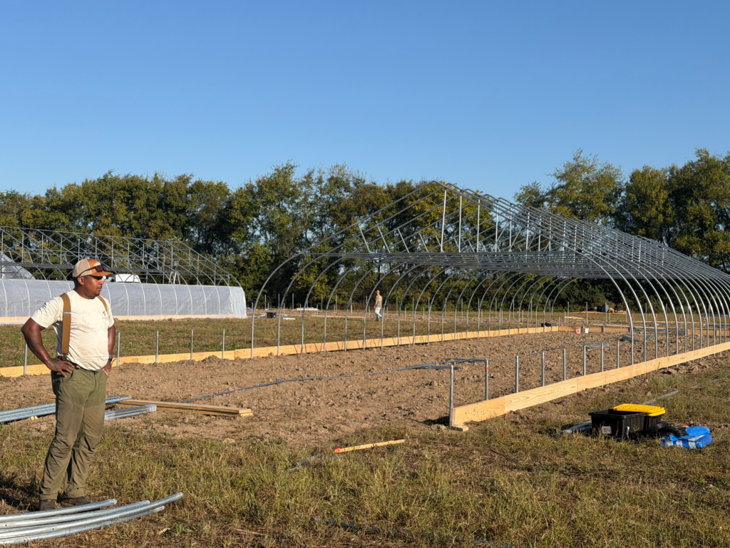 A worker stands beside uncovered hoop house frames at Armistead Farm.